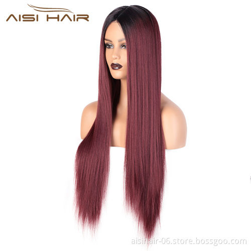 Aisi Hair Long Ombre Red Dark Root Wig Silky Straight Lace Frontal Wig Middle Part Synthetic Front Lace Hair Wigs For Women